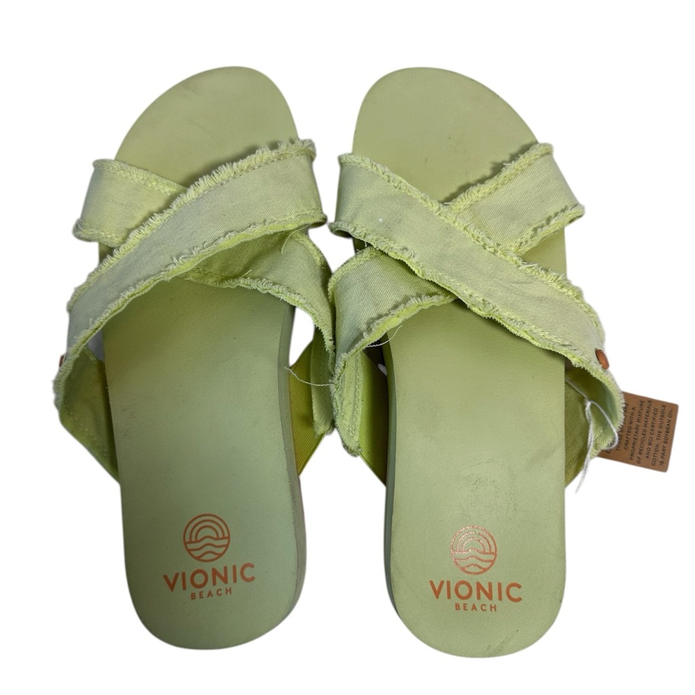 Vionic Beach Boardwalk PANAMA Canvas Pale Lime Green Slides Sandals Women’s 9